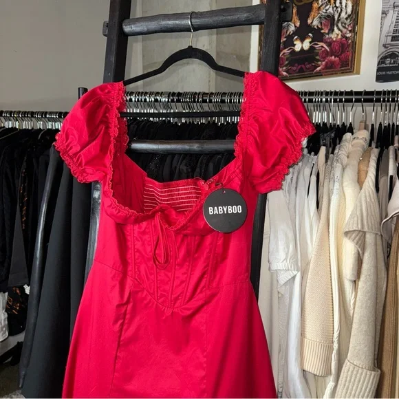 Babyboo Courtney Red Off-Shoulder Corset Midi Dress with Slit - Picture 7 of 13